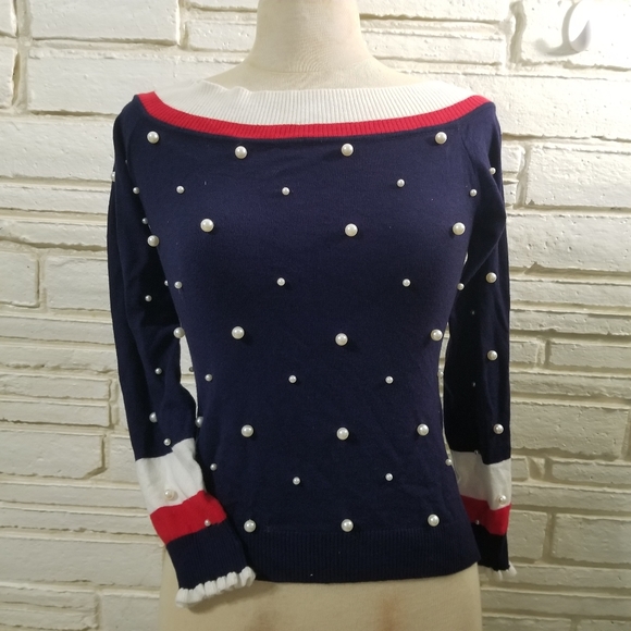 🍁 LC  Patriotic Boatneck Top With Pearls Small - Picture 6 of 6